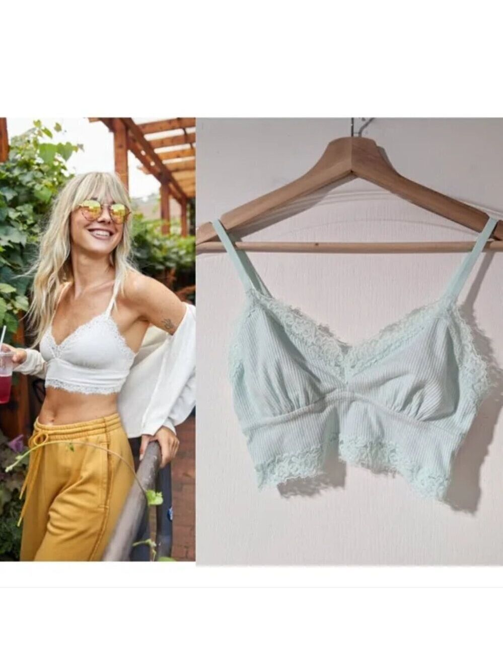 NEW Aerie | Ribbed Eyelash Lace Trim Longline Bralette in Tiffany Blue